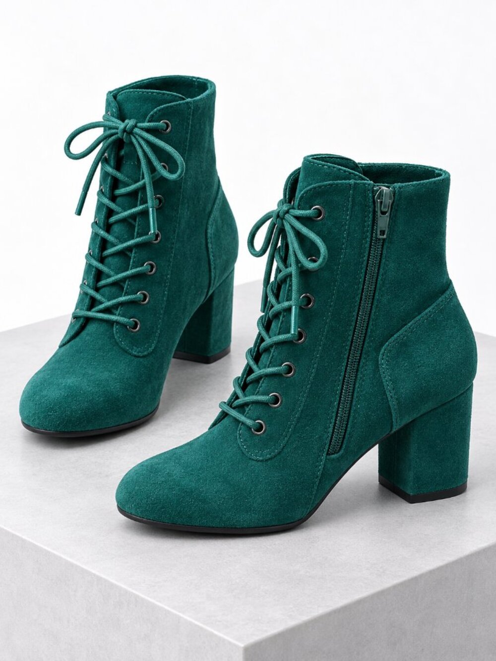 Allegra K Emerald Green Faux Suede Lace-Up Side-Zip Block Heel Boots Size 10